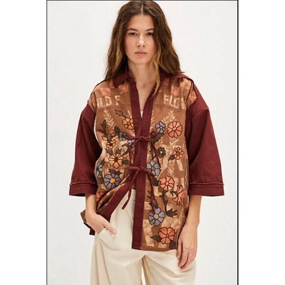 NEW Free People We The Free Pressed in Flowers Embroidered Floral Kimono Brown - Picture 1 of 8